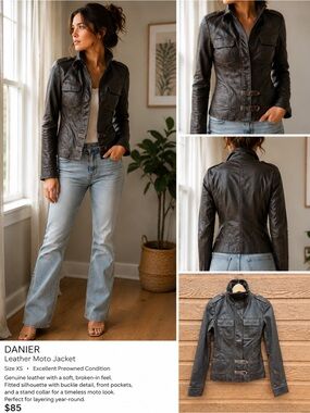 Danier Dark Brown Leather Jacket XS Buttery Soft Fitted Utility Style Zip Button